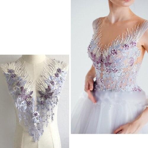 Lace Applique 3D Beaded Embroidered Floral Rhinestone Trim Patches Great DIY Neckline Bodice Wedding Bridal Prom Dress