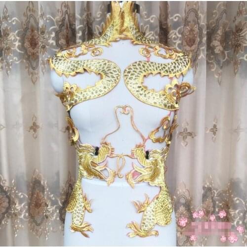 Large Size Lace Embroidery Patches Golden Sequin Dragon Applique On Red Eugen Yarn DIY Stage Wedding Performance Clothes