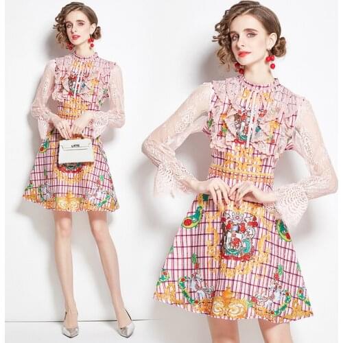 Summer womens new style light luxury floral lace trumpet sleeve round neck stitching lacing slim fashion plaid printed dress