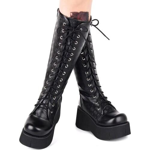 Fashion Winter Women Gothic Lolita Skull Print Wedges Boot Female Foam Platform High Heel Shoes Street Punk Knee-Length Boots