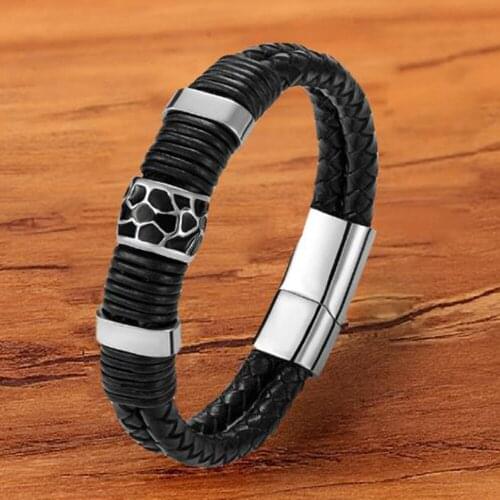 Fashion Charm Braided Rope Stainless Steel Clasp Black Genuine Leather Bracelet For Men Women Jewelry Punk Rock Christmas Gift