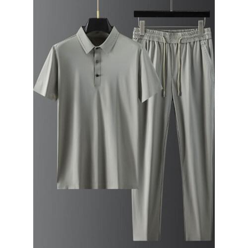 2021 Summer Khaki Thin Mens Sets (t-shirt+pants) Luxury Short Sleeve Sport Casual Male Sets Fashion Slim Fit Man Suits 4XL