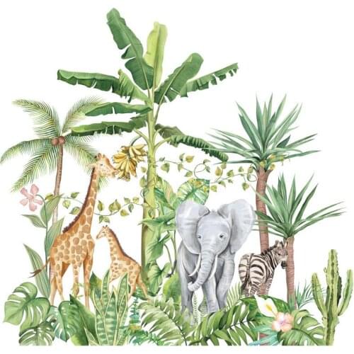 Tropical Rainforest Animals Plants Wall Stickers, Removable Cartoon Elephant Giraffe Plant Wallpaper Decor,Art Murals for Home