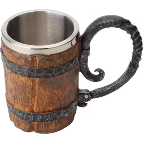 Viking Wood Style Beer Mug Innovative Double-layer Office Wine Tumbler Tea Milk Coffee Cup With Handle 550ml