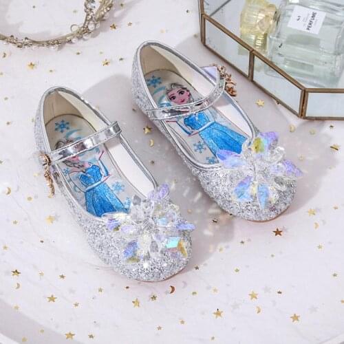 Frozen Girls Rhinestone Bow Flat-Heeled Sandals Princess Dancing Summer Pu Leather Shoe Big Girl 3 4 5 6 7 8 9 10 11 12 Year Old