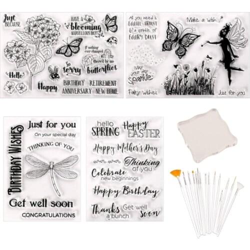 Fairy Clear Stamps Elegant Flower Fairy Dragonfly Butterfly Wishes Letters Clear Stamps for Card Making Decoration and D