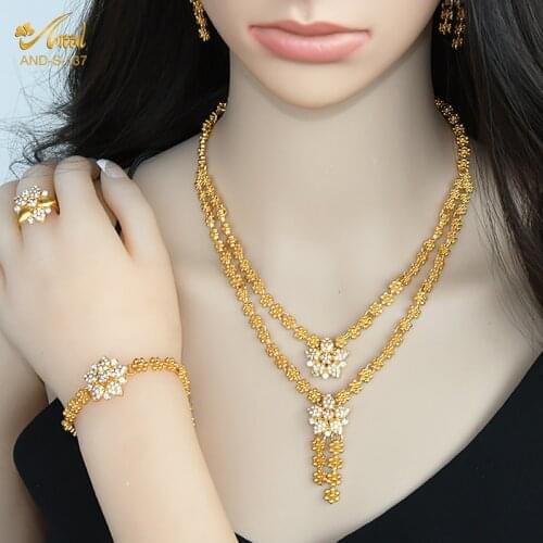 Nigerian Bride Jewelry Set Crystal Necklace Earring Bracelet Sets Dubai Gold African Wedding Luxury Jewellery Ladies Accessories