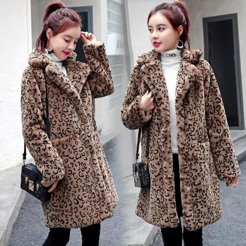Leopard Faux Fur Coat 2020 Women Parka Long Warm Faux Fur Jacket Coats Hoodies Winter Warm Thick Coat Outwear casaco feminino