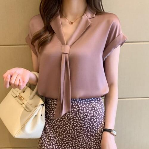 2021 Summer Fashion Female Elegants Korean Women Clothing Short-sleeved Chiffon Shirt Women V-neck Blusas Femininas Tops 1071