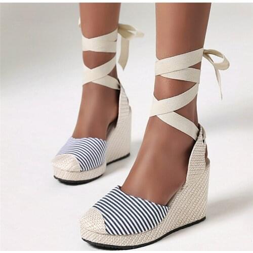 Womens Sandals Platform Espadrilles Wedges Shoes Designer Closed Toe Slingback Sandals Lace Up Summer Sandles High Heels Stripe