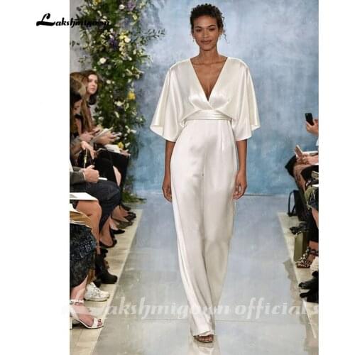 Simple Jumpsuits Wedding Dresses Ankle Length Beach Wedding Dress Satin Bohemian vestidos de novia 2021