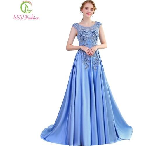 SSYFashion New Luxury Satin Long Evening Dress the Bride Banquet Sleeveless Lace Flower Beading Prom Formal Gown Robe De Soiree