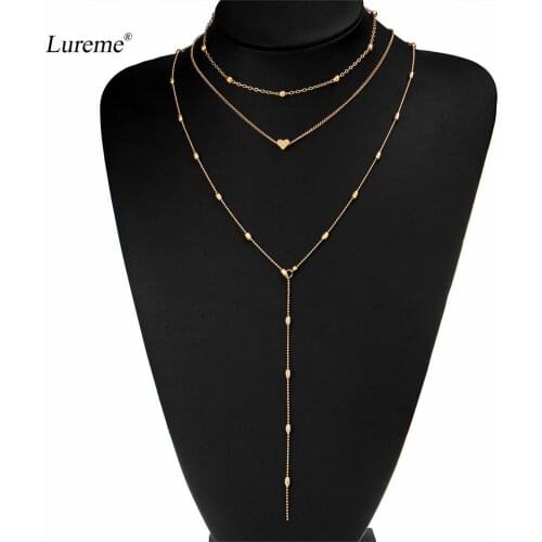 Lureme Womens Simple Multi Layer Beads Chain Choker Necklace with Tiny Heart Pendant (nl005664)