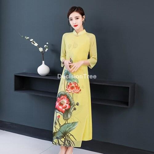 2021 women chinese style cheongsam aodai floral print wedding party evening dress half sleeve dress qipao elegant party dress