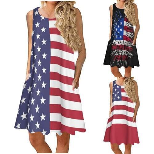 Dresses For Women 2021 Sleeveless American Flag Print With Pockets Summer Dress Beach Midi Dress Vestidos De Mujer Casual