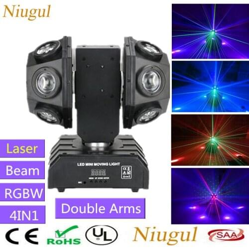 12x10W Double Arms Beam Light With RG Laser,DMX512 Double Head Beam LED Moving Head Light,Two Wheels Rotate Stage Lighting Laser