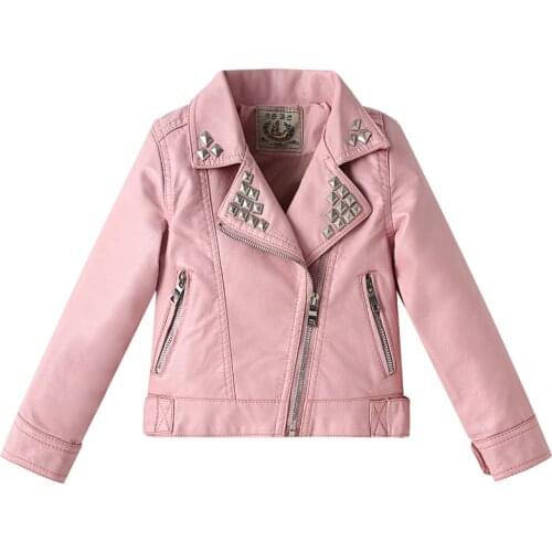 2021 Spring Autumn Fashion Girls Jacket PU Jacket Lapel Coat Metal Rivets Motorcycle Leather Belt Kids For 2-7 Years Old