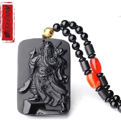 AURAREIKI Obsidian Retro Pendant Chinese Culture Guan Yu Natural Stone Carving Pendant Free Necklace Mala Unisex Jewelry C0062