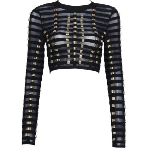Top Quality Celebrity Black Manual Beading Hollow Out Long Sleeve Rayon Short Bandage Jacket Cocktail Party Outerwear