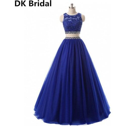 Long Royal Blue Prom Dresses 2019 Two/2 Pieces Beading Crystals Floor Length O-Neck Tulle Women Pageant Evening Gowns