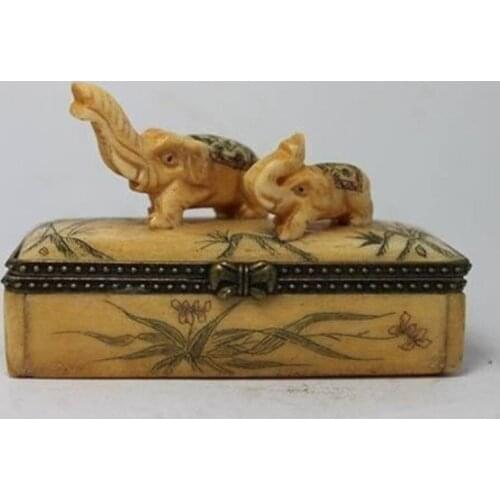 CHINESE OLD Bovine bone HAND PAINTING ELEPHANT JEWEL BOX Free shipping