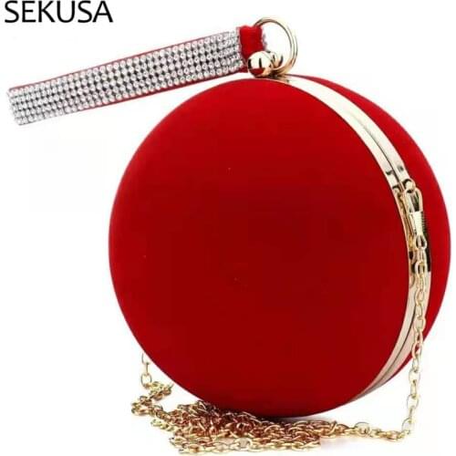 Red Color Velvet Women Evening Bags Diamonds Ball Design Party Handbags For Wedding Bridal Day Clutch Purse