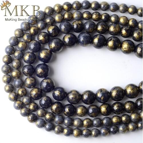 Natural Stone Dark Blue Golds Color Jades Stone Round Beads Space Loose Beads For Jewelry Making 4/6/8/10/12mm Diy Bracelet 15"