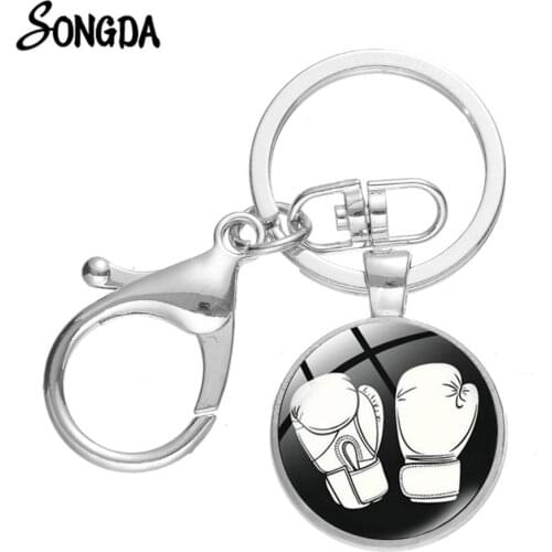 Love Boxing Series Glass Gem Keyring White Boxing Gloves Lobster Clasp Pendant Sports Theme Car Key Chain Unisex Jewelry