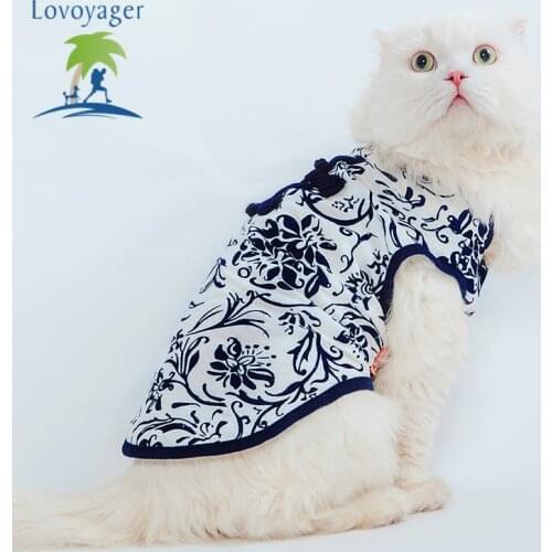 Fashion Pet Dog Cat Clothes Blue and White Porcelain Chinese Fancy Dress Cheongsam Dog Cat Sleeveless Vest Plus Size