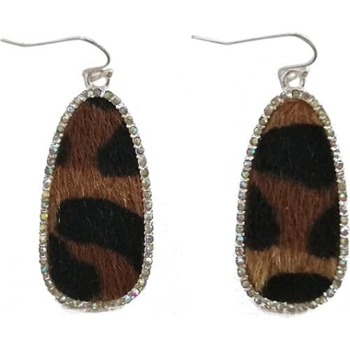 Trendy Geometric Oval Pave Crystal Leather Teardrop Earrings Gold & Silver Color Metal Leopard Leather Drop Earrings Jewelry