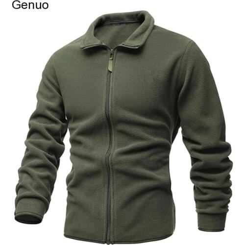 Mens Jacket Slim Double-Faced Fleece Tactical Sweater Casual Turn-Down Collar Zipper Solid Color Jacket Male Warm Winter Coat