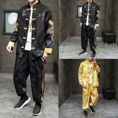 Mens Tang Suit Chinese National Style Dragon Printing Long Sleeve Loose Cardigan Sets New Casual Fashion Cool Streetwear 2021