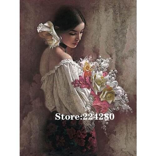 Woman holding flowers Needlework Aida Cross stitch 14CT Unprinted Embroidery kits Art Cross-Stitching,DIY Handmade Home Decor