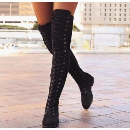 2019 New Womens Fashion Womens Knee High Boots Flat Ankle Snow Dance Lace Up Canvas Long Boots Zapatos De Mujer Botas