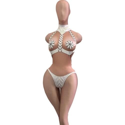 Sexy Nude Elastic Tights Stage Bodysuit Women Sleeveless Beading Print Leotard Nightclub Pole Dance Bodysuits Performance Wear