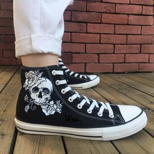 Wen Original Design Custom Hand Painted Shoes Skull Man Rose Skullomania High Top Men Womens Canvas Sneakers