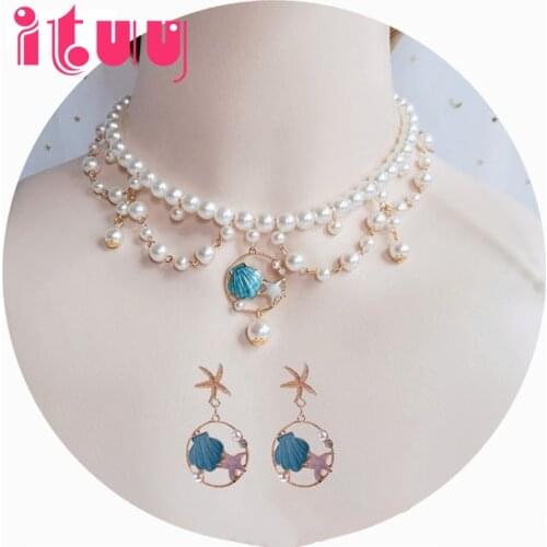 Handmade Lolita Retro Baroque Gem Necklace Ocean Shell Pendant Pearl Necklace Wedding Sweet Collarbone Chain Necklace Accessory