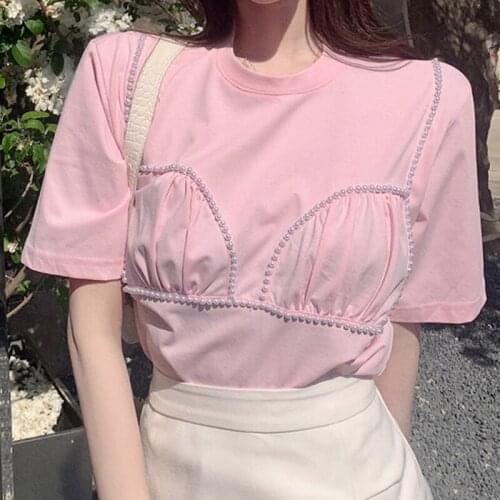 2021 Pink T-shirt Women Summer Beaded Folds Sweet Short-sleeved Top Beaded Short-sleeved Round Neck Loose Wild Top Harajuku