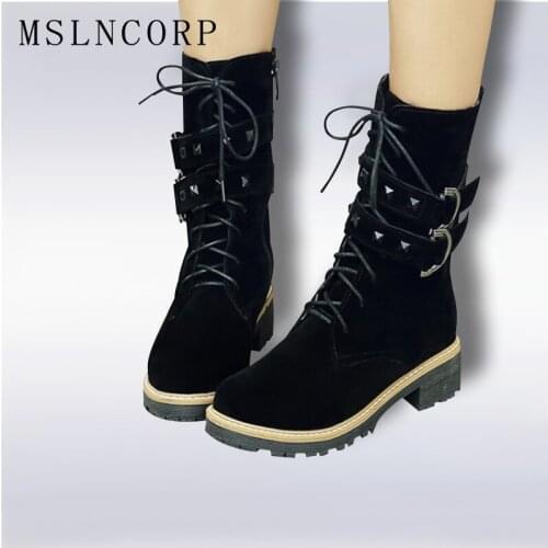 Size 34-43 New Fashion Style Black Buckle Ankle Boots Flats Round Toe Zip Martin Boots Nubuck Woman Shoes Warm Plush Snow Boots