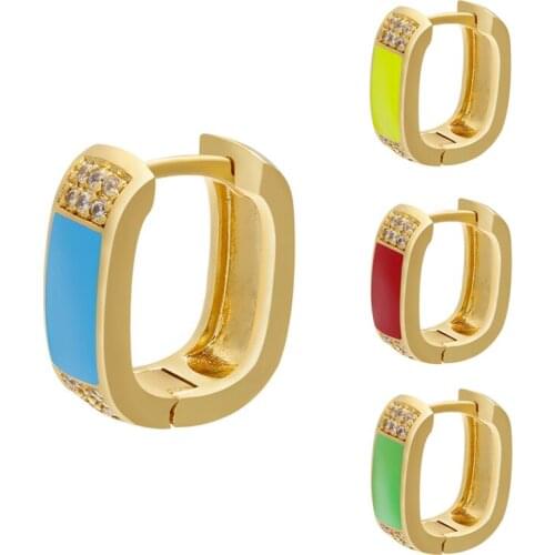 Colorful Enamel Geometric Hoops Earring Women Punk Hip Hop Jewelry High Quility CZ Stone Mocro Pave Wide Ear Buckle Earrings