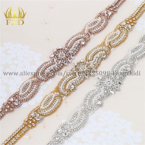 10 Pieces) Wholesale Iron On Sewing Beaded Wedding Sash Rhinestone Appliques Trim Sash Headpieces Garters