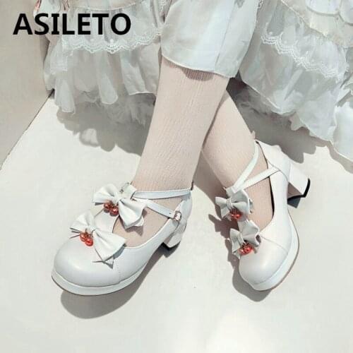 ASILETO New 2021 Ladies Pumps Round Toe 5cm Square Heels Platform Buckle Bowtie Sweet Cute Lolita Big Size 43 Party F1126