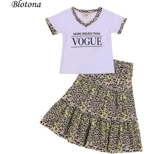 Blotona 2Pcs Kids Summer Outfit, Girls Letter Print Short Sleeve V-Neck T-shirt Top+Leopard Print Cupcake Long Skirt, 1-6Years