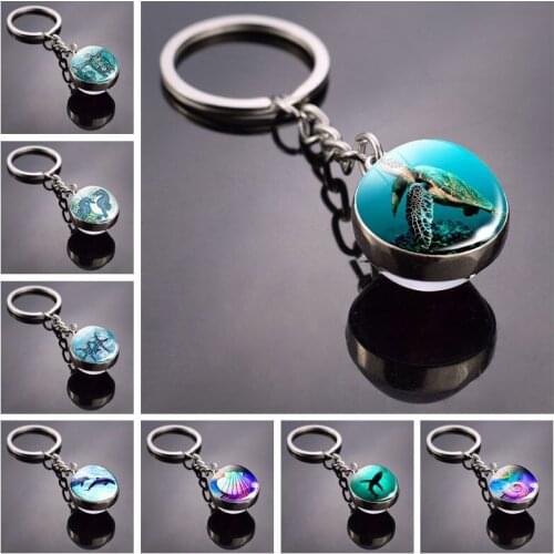 Sea Turtle Keychain Turtle Picture Glass Ball Key Chain Double Side Keyring Turtle Jewelry for Men for Women Christmas Gifts