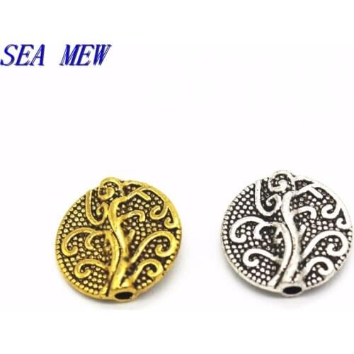 SEA MEW 50 PCS 13mm Vintage Metal Alloy Antique Silver Color Lotus Flower Nepal Spacer Beads Hole Bead Round Carved DIY Parts