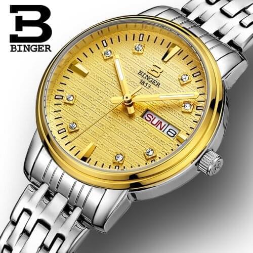 Switzerland Binger Womens watches luxury relogio feminino ultrathin quartz Auto Date leather strap Wristwatches B3037G-2