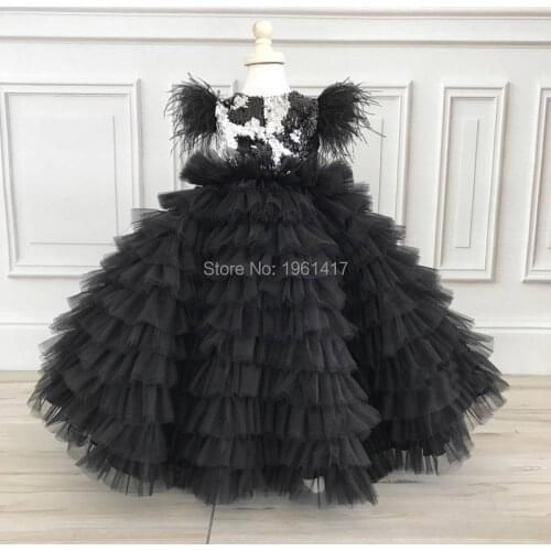 Girls Beauty Pageant Dress Black Tiered Princess Dress Summer Sequined Long Dress white Feathers AG0113