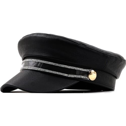 New Girl PU Leather Military caps Spring Autumn Sailor Hats for Women Black Grey Flat Top Captain Cap Travel Cadet Hat