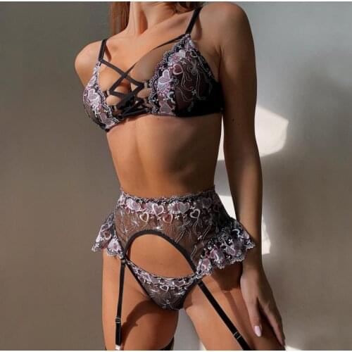 3Pcs Women Lingerie Set Floral Embroidery Sheer Mesh Spaghetti Strap Bra + Thongs + Waistband Garters Suit for Valentines Day