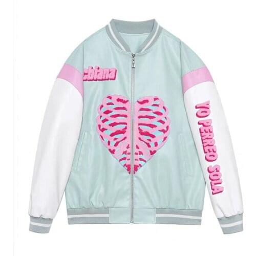 Tide Brand Original Women Chic Fashion Motorcycle Leather Jacket Spine Heart Print Spring Autumn Casual Loose Baseball Outerwear